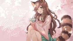 Rule 34 | 1girl, animal ears, atelier live, character name, choker, commentary, congratulations, cup, english commentary, flower, green choker, green eyes, green skirt, hair flower, hair ornament, highres, holding, holding cup, juwei (vtuber), looking at viewer, nail polish, open mouth, pink flower, pink nails, raccoon ears, raccoon tail, skirt, solo, tail, ten-chan (eternal s), virtual youtuber, wide sleeves