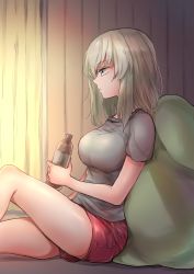 Rule 34 | 1girl, absurdres, bean bag chair, blue eyes, bottle, closed mouth, commentary request, curtains, emilio (tetsukazu no ao), from side, girls und panzer, grey shirt, highres, holding, holding bottle, indoors, itsumi erika, legs, medium hair, on floor, red shorts, shirt, short shorts, short sleeves, shorts, silver hair, sitting, solo, t-shirt, water bottle