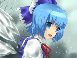 Rule 34 | 1girl, bad id, bad pixiv id, blue eyes, blue hair, bow, candy, cirno, food, hair bow, lollipop, matching hair/eyes, mouth hold, okina ika, ribbon, short hair, snow, solo, embodiment of scarlet devil, touhou, wings, winter