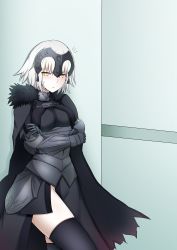 Rule 34 | 1girl, :&lt;, absurdres, armor, armored dress, bad id, bad pixiv id, black cat, black dress, black thighhighs, blush, breasts, cape, cat, closed mouth, commentary request, crossed arms, dress, fate/grand order, fate (series), fur-trimmed cape, fur trim, gauntlets, groin, hair between eyes, headpiece, highres, indoors, jeanne d&#039;arc (fate), jeanne d&#039;arc alter (avenger) (fate), jeanne d&#039;arc alter (avenger) (first ascension) (fate), jeanne d&#039;arc alter (fate), looking at viewer, medium breasts, no panties, nose blush, short hair, silver hair, solo, sweat, thighhighs, v-shaped eyebrows, yagyuu katsuda, yellow eyes