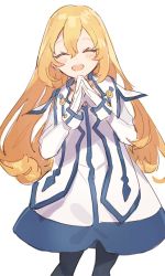 Rule 34 | 1girl, black pantyhose, blonde hair, colette brunel, dress, closed eyes, gloves, jewelry, kanyoko (yuzukano 17), long hair, looking at viewer, open mouth, pantyhose, simple background, smile, solo, tales of (series), tales of symphonia, white background, white gloves