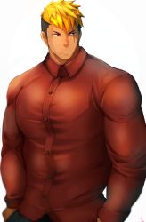 Rule 34 | 1boy, absurdres, alternate costume, bara, blonde hair, buttons, cowboy shot, crow (siranui), formal, highres, large pectorals, long sideburns, male focus, multicolored hair, muscular, muscular male, pectorals, red eyes, red shirt, scar, scar across eye, scar on face, shirt, short hair, sideburns, solo, onogami tetsuya, tight clothes, tight shirt, tokyo houkago summoners, two-tone hair, undercut, white background