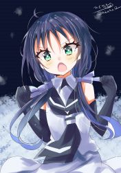 Rule 34 | 1girl, blue hair, blush, elbow gloves, gloves, green eyes, hair between eyes, hair ribbon, highres, hizaka, kantai collection, long hair, looking at viewer, low twintails, neckerchief, night, night sky, one-hour drawing challenge, open mouth, ribbon, school uniform, serafuku, sky, sleeveless, snowing, solo, suzukaze (kancolle), twintails