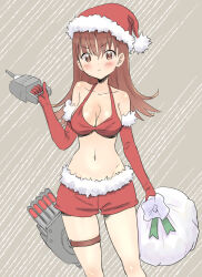 Rule 34 | 1girl, adapted turret, alternate costume, bikini, bikini top only, breasts, cannon, cleavage, collarbone, cowboy shot, fur-trimmed headwear, fur-trimmed shorts, fur trim, grey background, hat, highres, kantai collection, kujira naoto, medium breasts, ooi (kancolle), red bikini, red hat, red shorts, sack, santa costume, santa hat, shorts, solo, standing, striped, striped background, swimsuit, torpedo launcher, turret