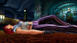 Rule 34 | 1girl, gloves, lipstick, lying on ground, makeup, midriff, necktie, pants, red hair, snk, solo, striped clothes, striped pants, suspenders, the king of fighters, the king of fighters xv, train station, vanessa (kof)