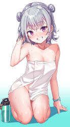 Rule 34 | 1girl, arm support, armpit peek, bare shoulders, blush, bottle, bracelet, breasts, character request, charm (object), cleavage, collarbone, commentary request, copyright request, double bun, dripping, gradient background, grey hair, grin, groin, hair bun, highres, jewelry, konnyaku (kk-monmon), large breasts, looking at viewer, naked towel, purple eyes, see-through, short hair, simple background, sitting, smile, solo, teeth, thighs, towel, wet, wet hair, white background