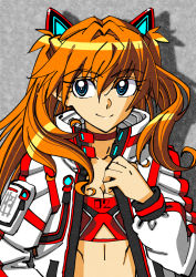 Rule 34 | 1girl, animal ears, arm at side, bad id, bad pixiv id, blue eyes, cat ears, check commentary, choker, commentary, commentary request, grey background, hair between eyes, hair ornament, idol, jacket, long hair, looking at viewer, neon genesis evangelion, orange hair, parody request, rebuild of evangelion, red choker, red neckwear, skirt, smile, solo, souryuu asuka langley, strapless, tube top, two side up, upper body, white jacket, yamayoshi