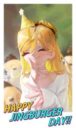 Rule 34 | 1girl, ^ ^, absurdres, blonde hair, blush, character name, closed eyes, collarbone, food-themed hat, hair behind ear, hand on own chin, happy birthday, hat, highres, jingburger, lim donghyun, long hair, long sleeves, party hat, polaroid, shirt, sleeves past wrists, smile, solo, virtual youtuber, waktaverse, white shirt