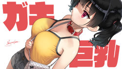 Rule 34 | 1girl, bag, between breasts, black hair, black shorts, blunt bangs, breasts, camisole, cleavage, closed mouth, collar, colored eyelashes, commentary request, kaedeko (kaedelic), large breasts, midriff, oppai loli, original, red collar, red eyes, sasaki kanna (kaedeko), short hair, short shorts, shorts, signature, simple background, solo, strap between breasts, translated, twintails, white background, yellow camisole