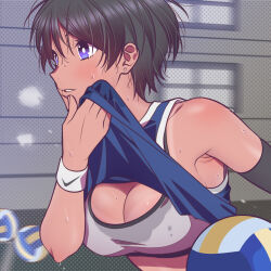 Rule 34 | 1girl, andrian januar adilia, armband, armpits, ball, bare shoulders, black armband, black hair, blue eyes, blue tank top, breasts, bright pupils, cleavage, clothes lift, commentary request, dark-skinned female, dark skin, earrings, from side, grey sports bra, gym, highres, indonesian commentary, jewelry, large breasts, looking ahead, nike (company), original, parted lips, playing sports, polka dot, polka dot background, shirt lift, short hair, solo, sports bra, sportswear, stud earrings, sweat, tan, tank top, tanline, tomboy, upper body, very short hair, volleyball, volleyball (object), volleyball uniform, white pupils, white wristband