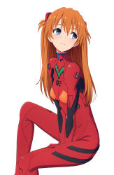 Rule 34 | 1girl, arm support, between legs, blue eyes, blush, bodysuit, bracer, breasts, from side, frown, gloves, hair between eyes, hair ornament, hand between legs, highres, knee up, long hair, looking away, looking to the side, neon genesis evangelion, orange hair, pilot suit, plugsuit, simple background, small breasts, solo, souryuu asuka langley, turtleneck, two side up, v arms, white background, yahiro (epicopeiidae)