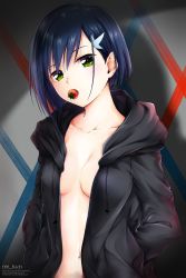 Rule 34 | 10s, 1girl, artist name, black hoodie, blue hair, blush, breasts, cleavage, collarbone, darling in the franxx, drawstring, food, fruit, green eyes, hair ornament, hairclip, hands in pockets, head tilt, highres, hood, hoodie, ichigo (darling in the franxx), long sleeves, looking at viewer, medium breasts, mouth hold, naked hoodie, name connection, navel, no bra, object namesake, open clothes, open hoodie, rei kun, shadow, short hair, solo, stomach, strawberry, tareme, upper body, watermark, web address