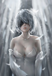 Rule 34 | 1girl, bare shoulders, blindfold, breasts, bridal veil, bride, cleavage, detached sleeves, dress, earrings, feathers, grey hair, highres, jewelry, large breasts, mole, mole under mouth, necklace, nier (series), nier:automata, shenhaixun, short hair, solo, upper body, veil, wedding dress, 2b (nier:automata)
