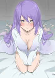 Rule 34 | 1girl, absurdres, bed sheet, breasts, byeon dha, collarbone, from above, highres, hololive, hololive indonesia, long hair, looking at viewer, looking up, moona hoshinova, no pants, purple hair, shirt, thighs, virtual youtuber, white shirt, yellow eyes