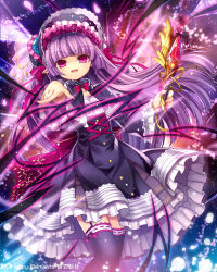 Rule 34 | 1girl, black thighhighs, blunt bangs, bonnet, bow, capura lin, choker, dress, frilled dress, frilled thighhighs, frills, garter straps, gothic lolita, lolita fashion, long hair, looking at viewer, majoca majoluna, original, outstretched arm, pink eyes, pointy ears, purple hair, solo, staff, thighhighs