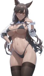 Rule 34 | 1girl, absurdres, animal ears, atago (azur lane), atago (stunning speedster) (azur lane), azur lane, bikini, black bikini, black hair, black thighhighs, breasts, brown eyes, closed mouth, free style (yohan1754), hair between eyes, hair ribbon, hand on own hip, highleg, highleg bikini, highres, large breasts, long hair, looking at viewer, looking to the side, mole, mole under eye, navel, official alternate costume, ribbon, shrug (clothing), simple background, smile, solo, string bikini, swimsuit, thighhighs, thighs, two-tone bikini, white background, white bikini, white ribbon, wrist cuffs