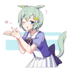 Rule 34 | 1girl, absurdres, animal ears, azu ankoowl, blowing kiss, blue eyes, blush, breasts, ears down, flying, flying sweatdrops, green hair, hair ornament, hairclip, hands up, highres, horse ears, horse girl, horse tail, looking at viewer, one eye closed, open mouth, puffy short sleeves, puffy sleeves, purple shirt, sailor collar, seiun sky (umamusume), shirt, short sleeves, skirt, small breasts, solo, sweat, tail, umamusume, white skirt