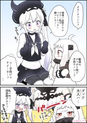 Rule 34 | 10s, 3girls, abyssal ship, ahoge, bare shoulders, black gloves, blush, breast conscious, breasts, colored skin, comic, commentary request, destroyer princess, detached sleeves, dress, gloves, gradient background, hat, headgear, holding, horns, kantai collection, large breasts, long hair, midriff, migu (migmig), mittens, multiple girls, navel, northern ocean princess, open mouth, pale skin, pink eyes, red eyes, school uniform, seaport princess, serafuku, side ponytail, skirt, sleeveless, translation request, white dress, white hair, white skin