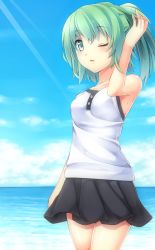 Rule 34 | 1girl, absurdres, bad id, bad pixiv id, beach, blush, breasts, day, duel monster, green eyes, green hair, highres, komimiyako, long hair, matching hair/eyes, open mouth, outdoors, ponytail, skirt, sky, smile, solo, sun, water, wynn the wind charmer, yu-gi-oh!, yu-gi-oh! duel monsters