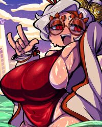 Rule 34 | 1girl, :d, arm behind head, arm up, armpits, blush, breasts, cloud, coat, dusk, eyeshadow, eyewear on head, glasses, hair bun, hair ornament, hair stick, hand gesture, highres, huge breasts, lifeguard, long sleeves, looking at viewer, makeup, navel, nintendo, one-piece swimsuit, open mouth, outdoors, pool, pool ladder, purah, red-framed eyewear, red eyes, red eyeshadow, red one-piece swimsuit, sheikah, sky, smile, solo, star (sky), starry sky, swimsuit, th3k1d, the legend of zelda, the legend of zelda: tears of the kingdom, thick thighs, thighs, water, wet, wet clothes, white coat, wide hips