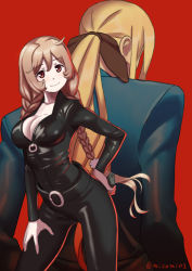 Rule 34 | 2girls, arsene lupin iii, arsene lupin iii (cosplay), biker clothes, bikesuit, blonde hair, blue jacket, bodysuit, braid, breasts, brown hair, cleavage, commentary request, cosplay, highres, jacket, kantai collection, large breasts, light brown hair, long hair, looking at viewer, lupin iii, mine fujiko, mine fujiko (cosplay), minegumo (kancolle), misumi (niku-kyu), multiple girls, name connection, ponytail, red background, red eyes, richelieu (kancolle), simple background, trait connection, twin braids, twitter username