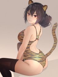 Rule 34 | 1girl, alternate costume, alternate hairstyle, animal ears, animal print, ass, black hair, black thighhighs, breasts, brown eyes, grey background, hair between eyes, highres, kantai collection, kasumi (skchkko), large breasts, long hair, nagato (kancolle), one-piece swimsuit, open mouth, smile, solo, swimsuit, tail, thighhighs, tiger ears, tiger print, tiger tail