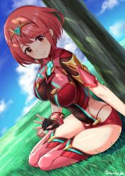 Rule 34 | 1girl, arm support, bare back, blue sky, blush, breasts, closed mouth, covered navel, day, earrings, fingerless gloves, full body, gloves, grass, hair ornament, highres, hip focus, jewelry, lap pillow invitation, large breasts, long hair, looking at viewer, nintendo, outdoors, pyra (xenoblade), red eyes, red hair, revealing clothes, shaded face, shadow, sky, solo, tamakaga, xenoblade chronicles (series), xenoblade chronicles 2