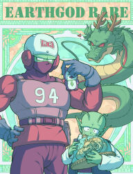 Rule 34 | 2boys, antennae, armor, belt, belt pouch, blue gloves, blush, breastplate, closed mouth, colored skin, commentary request, covered mouth, dende, dragon, dragon ball, dragon ball super, dragon ball super super hero, eastern dragon, gloves, green skin, hand on own hip, hand up, heart, helmet, highres, holding, holding stuffed toy, koukyouji, long sleeves, looking at viewer, male focus, mask, mouth mask, multiple boys, namekian, pants, piccolo, pointy ears, pouch, purple belt, purple mask, purple pants, red eyes, red ribbon army, shenron (dragon ball), smile, stuffed animal, stuffed toy, v-shaped eyebrows, white headwear