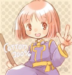 Rule 34 | 1girl, blue robe, bob cut, broom, cotton (character), cotton (game), english text, hiyopuko, holding, holding broom, open mouth, pointing, pointing up, red eyes, red hair, robe, signature, solo, witch