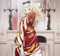 Rule 34 | 1girl, alice blanche, blonde hair, blue eyes, candle, highres, ikoku meiro no croisee, japanese clothes, kimono, screencap, smile, solo, stitched, third-party edit