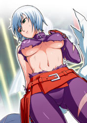 Rule 34 | 1girl, arm behind back, bare shoulders, belt, belt pouch, blue hair, breasts, breasts apart, bruise, buckle, clenched hand, closed mouth, cowboy shot, crotch, dutch angle, elbow gloves, embarrassed, emblem, fingerless gloves, from below, gloves, gradient background, green eyes, halterneck, hand up, injury, looking away, looking to the side, medium breasts, midriff, misao (kami no misoshiru), navel, ninja, no bra, outline, perky breasts, pouch, purple gloves, raised eyebrows, scanlines, scarf, sheryl (rumble fish), short hair, solo, standing, sweatdrop, the rumble fish, torn clothes, torn gloves, torn scarf, torn unitard, turtleneck, underboob, unitard, upshirt, white hair, white scarf, wrist guards