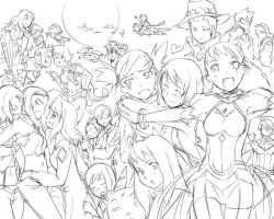 Rule 34 | 00s, 6+girls, :d, ^ ^, aircraft, airplane, armor, bracelet, closed eyes, dress, everyone, closed eyes, full moon, greyscale, hug, jewelry, kyo (kuroichigo), looking at viewer, looking away, monochrome, moon, multiple girls, my-otome, navel, open mouth, outstretched arm, propeller, shirt, smile, standing, sweatdrop, thigh gap, weapon, yuri