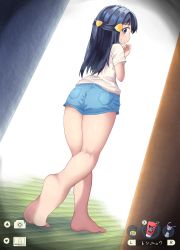 Rule 34 | 1girl, absurdres, akari (pokemon), alternate costume, arched soles, ass, back, barefoot, black hair, blush, clenched hand, creatures (company), denim, denim shorts, eyelashes, feet, female focus, flat chest, foot focus, from behind, full body, game freak, gameplay mechanics, gen 1 pokemon, gen 2 pokemon, gen 6 pokemon, gen 8 pokemon, grey eyes, hair ornament, hairclip, hand up, heel up, highres, hypno, indoors, kajitsu no hito, legs, long hair, looking at viewer, looking back, miltank, neck, nintendo, official alternate costume, pants, pokemon, pokemon legends: arceus, pov, print shirt, profile, sandals, shiny clothes, shiny skin, shirt, short shorts, short sleeves, shorts, shy, sidelocks, skin tight, sliggoo, soles, standing, sweat, sweatdrop, t-shirt, thighs, thighs together, tight clothes, tight pants, tiptoes, toenails, toes, truth, turning head, unworn footwear, unworn sandals, white shirt