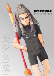 Rule 34 | 1boy, aquaplus, brown eyes, closed mouth, covered abs, covered collarbone, grey hair, hair ornament, high ponytail, highres, long hair, looking to the side, makoto2face, muscular, muscular male, niwe (utawarerumono), no bangs, ponytail, short sleeves, shorts, sidelocks, solo, standing, utawarerumono, utawarerumono: lost flag, very long hair, weapon, aged down