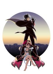 Rule 34 | 1boy, 1girl, absurdres, blue eyes, breasts, bridal gauntlets, cape, cityscape, commentary request, crossed legs, duel monster, highres, long hair, looking at viewer, looking back, monocle, red hair, sitting, small breasts, smile, tailcoat, time thief redoer, tomiyama mishiro, traptrix rafflesia, very long hair, white hair, yellow eyes, yu-gi-oh!