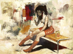 Rule 34 | 1girl, bag, bare shoulders, bench, between legs, blue eyes, boots, breasts, cleavage, drinking, drinking straw, high heel boots, high heels, highres, multicolored hair, nababa, original, paper bag, ponytail, shoes, sitting, skirt, solo, sweat, traditional media, unzipped