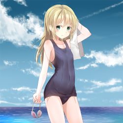 Rule 34 | 1girl, arm up, armpit peek, bare arms, bare shoulders, black one-piece swimsuit, blonde hair, blue sky, blush, breasts, cloud, collarbone, cowboy shot, day, goggles, unworn goggles, green eyes, highres, holding, holding towel, horizon, kattse, long hair, looking at viewer, ocean, old school swimsuit, one-piece swimsuit, original, outdoors, parted lips, school swimsuit, sky, small breasts, solo, standing, swimsuit, towel, water, wet, white towel
