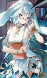 Rule 34 | 1girl, aqua hair, blue dress, blue eyes, blunt bangs, blush, book, bookshelf, bracelet, breasts, cow, cowlick, dress, faruzan (genshin impact), genshin impact, glass, hair ornament, highres, holding, holding book, jewelry, long hair, looking at viewer, sainome (imveryfinethx), short sleeves, small breasts, solo, symbol-shaped pupils, triangle-shaped pupils, twintails, x hair ornament