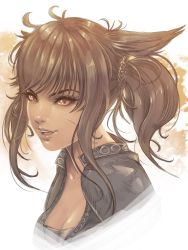 Rule 34 | 1girl, absurdres, animal ears, warrior of light (ff14), breasts, brown eyes, brown hair, cat ears, cleavage, cropped torso, dark-skinned female, dark skin, facial scar, fictional persona, final fantasy, final fantasy xiv, highres, medium breasts, miqo&#039;te, open mouth, scar, scar on cheek, scar on face, short hair, short twintails, simple background, slit pupils, solo, twintails, upper body, vvernacatola