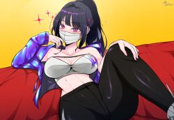 Rule 34 | 1girl, bandeau, black hair, black pantyhose, blue jacket, breasts, chaneti, cleavage, commentary request, cowboy shot, goddess of victory: nikke, hair between eyes, headgear, high-waist pantyhose, highres, jacket, large breasts, mask, midriff, mouth mask, off shoulder, open clothes, open jacket, pantyhose, purple eyes, simple background, sin (nikke), single bare shoulder, solo, standing, stomach, strapless, tube top