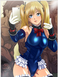 Rule 34 | 1girl, 2boys, blonde hair, censored, chest hair, clothed female nude male, dark skin, dark-skinned male, dead or alive, dead or alive 5, marie rose, mosaic censoring, multiple boys, nude, penis, raburebo, selfie, testicles, twintails