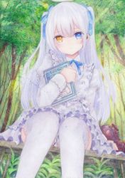 Rule 34 | 1girl, apron, blue ribbon, blush, bush, closed mouth, colored pencil (medium), darkkanan, dress, earphones, eyes visible through hair, forest, frilled apron, frilled dress, frills, grey hair, hair ribbon, halo, hearing aid, heterochromia, highres, lolita fashion, long hair, looking at viewer, nature, original, outdoors, painting (medium), pinafore dress, plant, ribbon, sitting, sleeveless dress, solo, thighhighs, traditional media, tree, twintails, watercolor (medium), white dress, white hair, white thighhighs