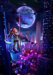 Rule 34 | 1girl, ass, blue sky, building, cityscape, cloud, commentary, covered mouth, drone, e-liter 4k (splatoon), eyelashes, full body, full moon, gradient sky, green eyes, gun, high heels, highres, holding, holding gun, holding weapon, huge moon, looking back, moon, moromi (kscd4482), night, night sky, nintendo, octoling, octoling girl, octoling player character, purple hair, sky, skyscraper, solo, splatoon (series), splatoon 3, standing, thick eyebrows, weapon