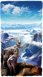 Rule 34 | 1boy, 1girl, aalge, above clouds, bad id, bad pixiv id, cloud, day, goat, highres, horns, landscape, mountain, nature, original, scenery, single horn, sky, snow