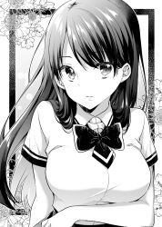 Rule 34 | 1girl, arm under breasts, bow, breasts, closed mouth, collared shirt, dress shirt, floral background, greyscale, highres, ice cream kanojo, kawai miruku, kuune rin, long hair, looking at viewer, medium breasts, monochrome, parted bangs, school uniform, shirt, short sleeves, skirt, solo, very long hair