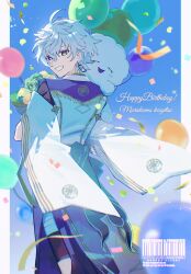 1boy antenna_hair balloon bandaged_leg bandages birthday blurry blurry_foreground bouquet character_name commentary_request confetti crossed_bangs earrings flower green_eyes green_flower grin hair_between_eyes hakama hakama_pants hanafuda_earrings happy_birthday heterochromia highres hip_vent holding holding_bouquet japanese_clothes jewelry kariginu looking_at_viewer looking_back male_focus murakumo_kagetsu murakumo_kagetsu_(1st_costume) nijisanji pants purple_eyes rose short_hair short_sleeves single_earring smile solo standing streamers teeth ukitaro virtual_youtuber watermark white_hair wide_sleeves yellow_flower