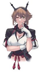 Rule 34 | 1girl, absurdres, breasts, brown hair, cleavage, cropped torso, dated, green eyes, hair between eyes, headgear, highres, kantai collection, mutsu (kancolle), mutsu kai ni (kancolle), one eye closed, short hair, simple background, smile, solo, sozan, white background
