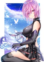 Rule 34 | 1girl, absurdres, ankle boots, antenna hair, armored leotard, bare shoulders, black footwear, black panties, black thighhighs, blue sky, blush, boots, breasts, bug, butterfly, capelet, closed eyes, clothing cutout, cloud, creature, day, elbow gloves, fate/grand order, fate (series), felnemo, fou (fate), from side, gloves, glowing butterfly, hair over one eye, headpat, high heel boots, high heels, highres, insect, large breasts, looking at viewer, looking to the side, mash kyrielight, navel, navel cutout, outside border, panties, pink hair, purple eyes, short hair, sitting, sky, thighhighs, thighs, underwear, white capelet