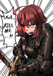 Rule 34 | absurdres, armor, black armor, bleeding, blood, bloody weapon, blue eyes, breastplate, commentary, english commentary, english text, gauntlets, greaves, highres, holding, holding sword, holding weapon, injury, knight, ku koro, missing eye, original, red hair, scar, scar across eye, scowl, shoulder armor, sword, weapon
