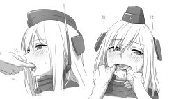 Rule 34 | 10s, 1girl, bad id, bad twitter id, blush, finger in another&#039;s mouth, greyscale, hat, headgear, kantai collection, kinosuke (sositeimanoga), long hair, monochrome, mouth pull, open mouth, saliva, simple background, solo focus, tears, u-511 (kancolle), white background